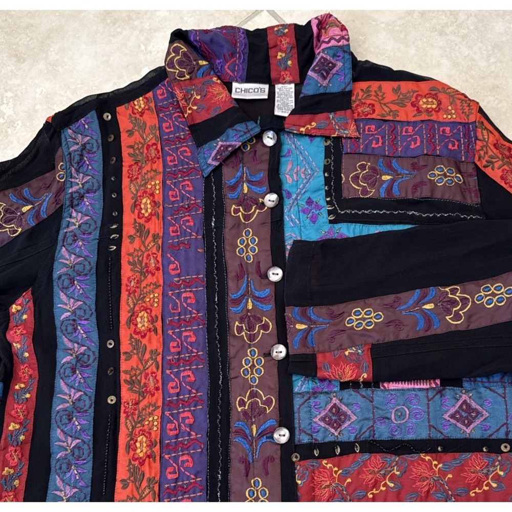 Chicos Quilted Shirt‎ Jacket Sz 2/L Embroidered Shacket Button Front Semi Sheer